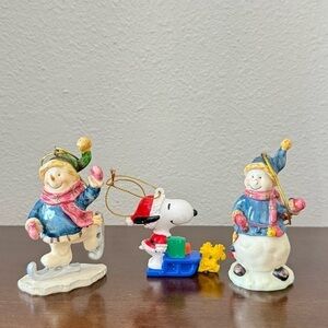 Set of 3 Holiday Ornaments – 2 Snowmen + Peanuts Snoopy with Woodstock